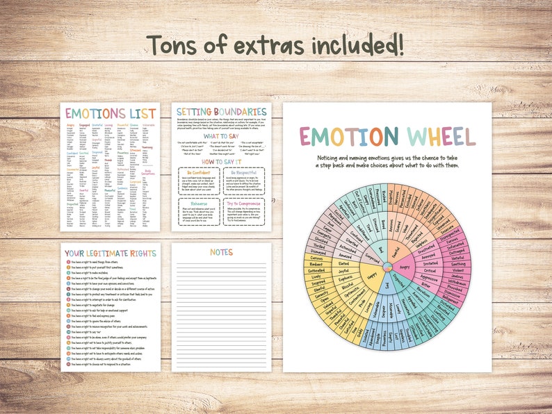 May include: A printable worksheet set featuring a colourful emotion wheel, a list of emotions, a section on setting boundaries, and a list of legitimate rights. The worksheet set is designed to help people understand and manage their emotions.
