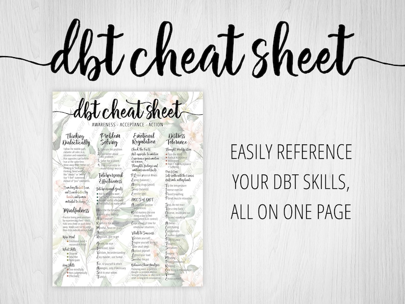 May include: A green and white floral patterned cheat sheet with the text "dbt cheat sheet" at the top. The sheet lists various skills and techniques for Dialectical Behavior Therapy (DBT), including mindfulness, interpersonal effectiveness, emotional regulation, distress tolerance, and thinking dialectically. The text "EASILY REFERENCE YOUR DBT SKILLS, ALL ON ONE PAGE" is at the bottom right corner.