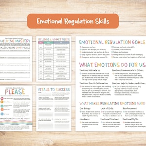 May include: A set of colourful printable worksheets with the title "Emotional Regulation Skills". The worksheets include sections on building emotional mastery, feelings and unmet needs, emotional regulation goals, what emotions do for us, what makes regulating emotions hard, and vital to success.