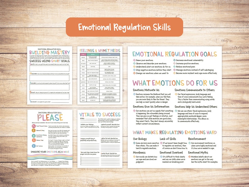 May include: A set of colourful printable worksheets with the title "Emotional Regulation Skills". The worksheets include sections on building emotional mastery, feelings and unmet needs, emotional regulation goals, what emotions do for us, what makes regulating emotions hard, and vital to success.