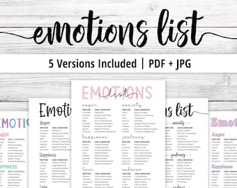Puede incluir: Una lista de emociones imprimible con cinco versiones diferentes. La lista incluye emociones como la ira, la felicidad, la ansiedad, los celos, la tristeza y el amor. Cada emoción se enumera con signos y comportamientos. La lista está disponible en formatos PDF y JPG.