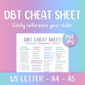 DBT Cheat Sheet, Borderline, BPD, PTSD, bipolar, depression, anxiety, reference, printable, printout, sheet, dialectical behavior therapy