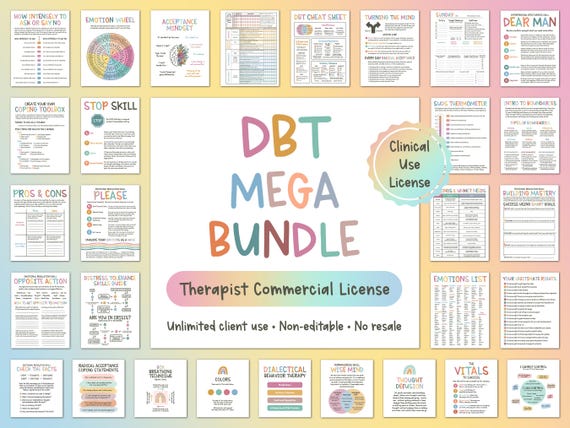 DBT MEGA bundle, COMMERCIAL license, dbt skills, dbt workbook, therapy worksheet, counselling resources, therapy tools, mental health print
