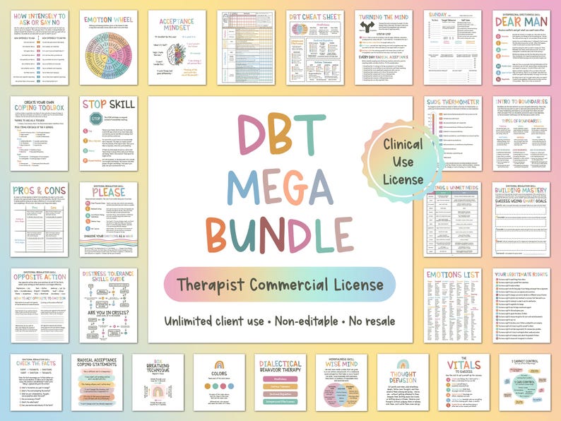 DGT MEGA-bundel, COMMERCILE licentie, dbt-vaardigheden, dbt-werkboek, therapiewerkblad, hulpmiddelen voor counseling, therapiehulpmiddelen, print geestelijke gezondheid afbeelding 1