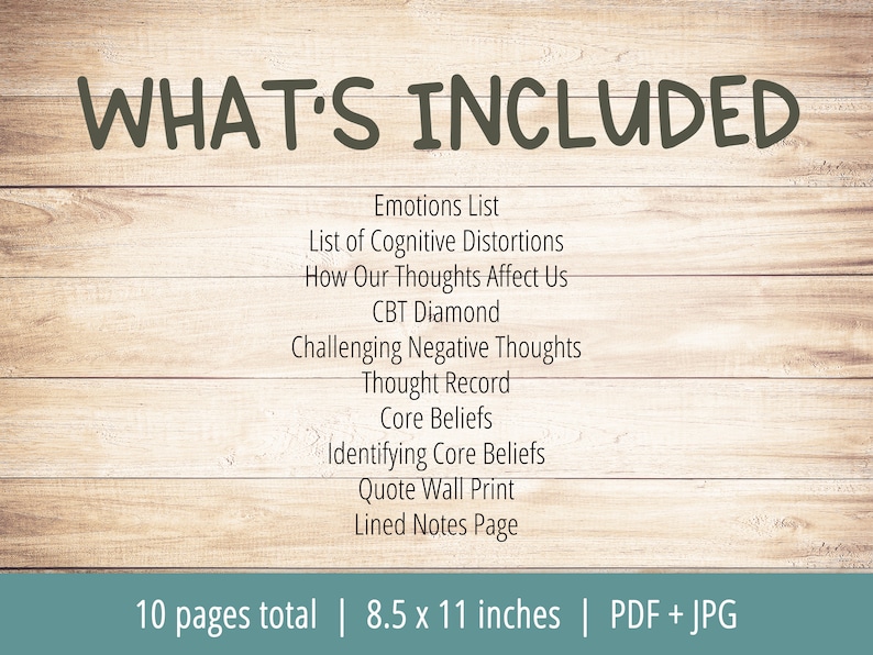 May include: A woodgrain background with the text "WHAT'S INCLUDED" in large, dark gray letters. A list of 10 items is shown in black text, including "Emotions List", "List of Cognitive Distortions", "How Our Thoughts Affect Us", "CBT Diamond", "Challenging Negative Thoughts", "Thought Record", "Core Beliefs", "Identifying Core Beliefs", "Quote Wall Print", and "Lined Notes Page". The text "10 pages total | 8.5 x 11 inches | PDF + JPG" is shown at the bottom of the image.