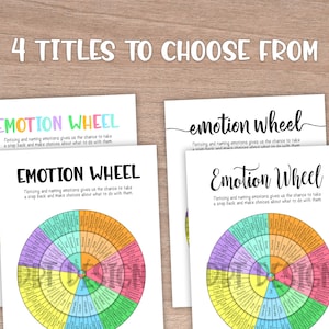 May include: Four printable emotion wheels with the title "Emotion Wheel" and the text "Noticing and naming emotions gives us the chance to take a step back and make choices about what to do with them."