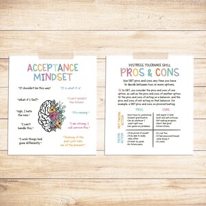 Op de afbeelding: Twee printbare werkbladen met kleurrijke illustraties en tekst. Het eerste werkblad is getiteld "Acceptance Mindset" en toont een brein met bloemen. Het tweede werkblad is getiteld "Distress Tolerance Skill: Pros & Cons" en bevat een tabel met de voor- en nadelen van actie ondernemen en geen actie ondernemen.