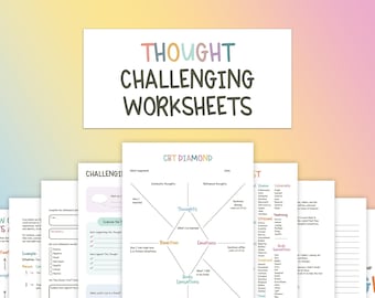 Thought Challenging Worksheets, CBT Therapy, Cognitive Restructuring, Mental Health Printable, Thought Processing, Cognitive Behavioral