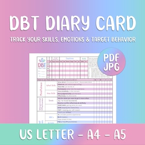 Cartão diário DBT, PTSD, BPD, ansiedade, depressão, bipolar, imprimível, rastreador, referência, terapia comportamental dialética, folha dbt