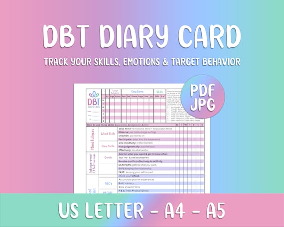 DBT Diary Card, PTSD, BPD, anxiety, depression, bipolar, printable, tracker, reference, dialectical behavior therapy, dbt sheet