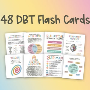 Op de afbeelding: Een set van 48 DBT-flashcards met kleurrijke illustraties en tekst. De kaarten behandelen onderwerpen als tegengestelde actie, wijze geest, dialectische gedragstherapie, acceptatie-mindset, traceren, meditatie van liefdevolle vriendelijkheid, DEAR MAN en ik kan niet controleren/ik kan controleren.