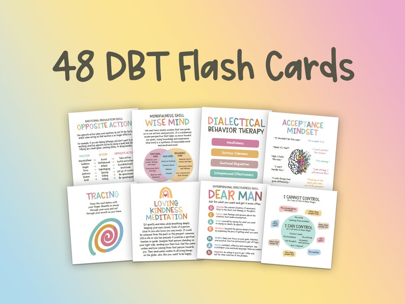Op de afbeelding: Een set van 48 DBT-flashcards met kleurrijke illustraties en tekst. De kaarten behandelen onderwerpen als tegengestelde actie, wijze geest, dialectische gedragstherapie, acceptatie-mindset, traceren, meditatie van liefdevolle vriendelijkheid, DEAR MAN en ik kan niet controleren/ik kan controleren.