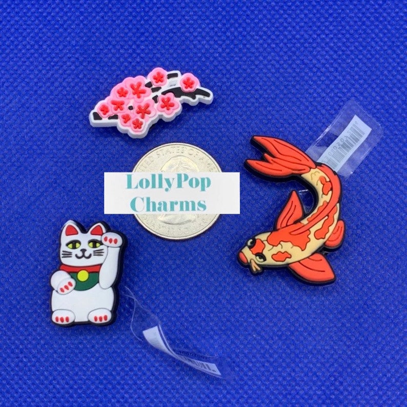 Koi Fish Cherry Blossoms /& Lucky Cat Shoe Charm Set