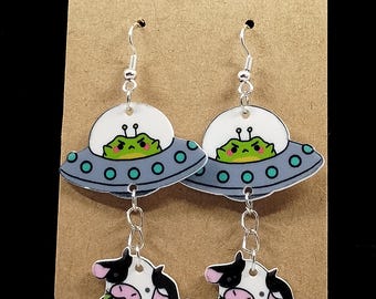 UFO earrings - UFO Alien Abducting Cow Earrings: Fun Quirky Acrylic Jewelry