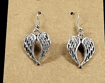 Silvery heart shaped angel wings earrings with stainless steel french hooks