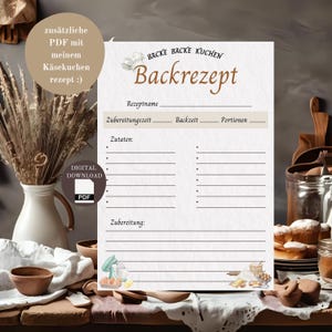Peut inclure: Un modèle de recette téléchargeable avec le texte "Backrezept" et des espaces pour le nom de la recette, le temps de préparation, les ingrédients et les instructions. L'image comprend une icône de téléchargement PDF et des illustrations décoratives.