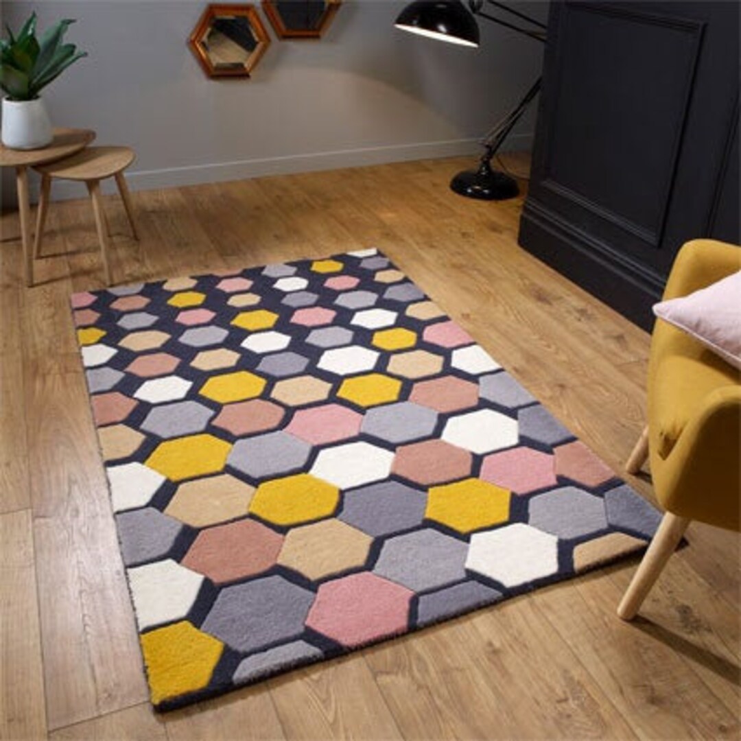 Grey Modern Geometric Rug Abstract Hand Tufted Designer Wool Etsy