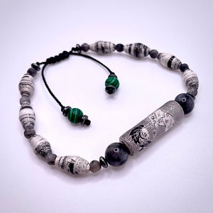 Manga Inspired Handmade Paper Bead Bracelet | Labradorite, Malachite, Hematite | Anime Inspired