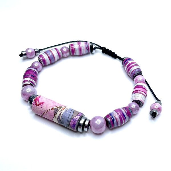 Manga Paper Handmade Bracelet | Rolled Paper Beads, Hematite, Glass | Anime Inspired