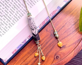 Recycled Manga Bead Bookmark: Jade, Citrine, Hematite, Gold Chain