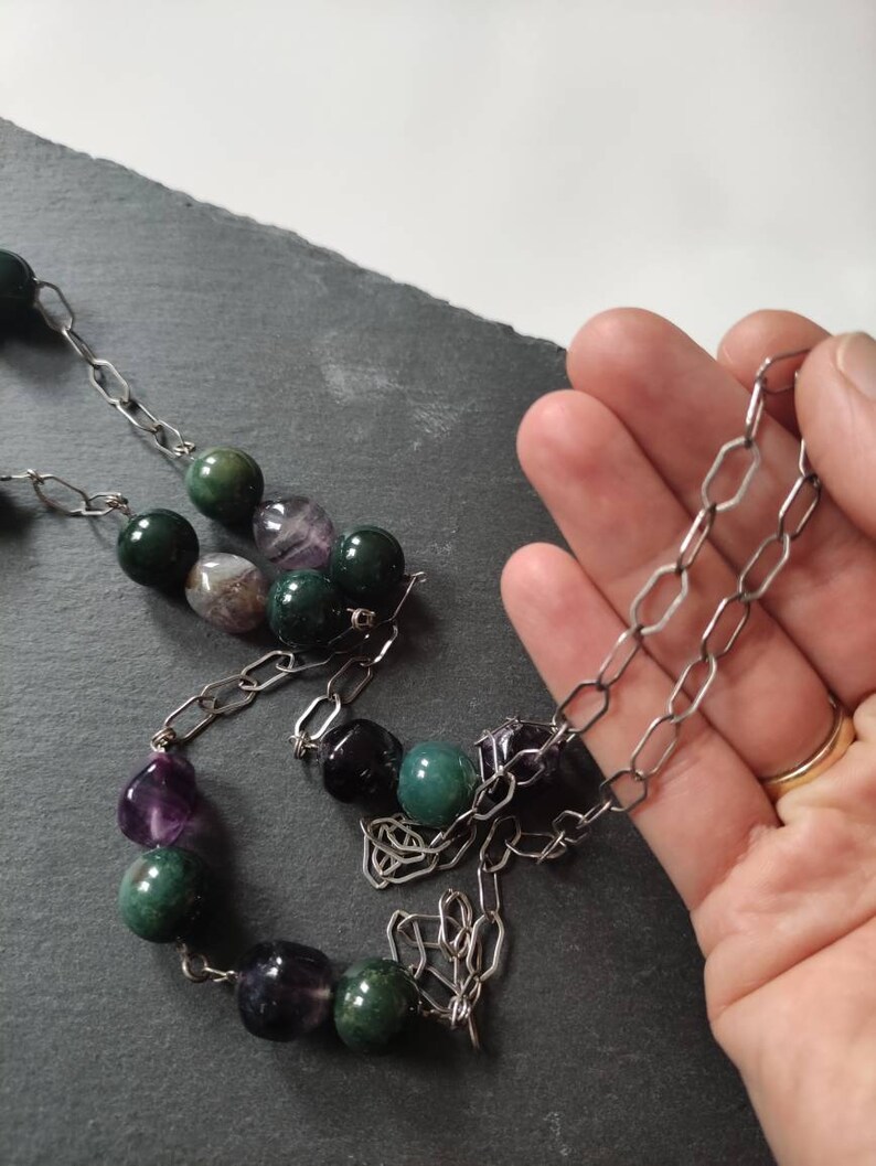 long silver chain Gem necklace jade for her amethyst