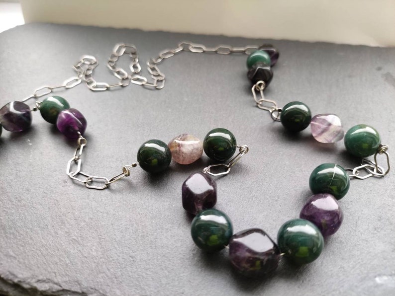long silver chain Gem necklace jade for her amethyst