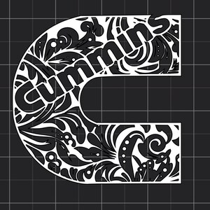 May include: A black and white graphic design of the letter "C" filled with floral patterns. The word "Cummins" is integrated into the design. The background is a dark gray grid.