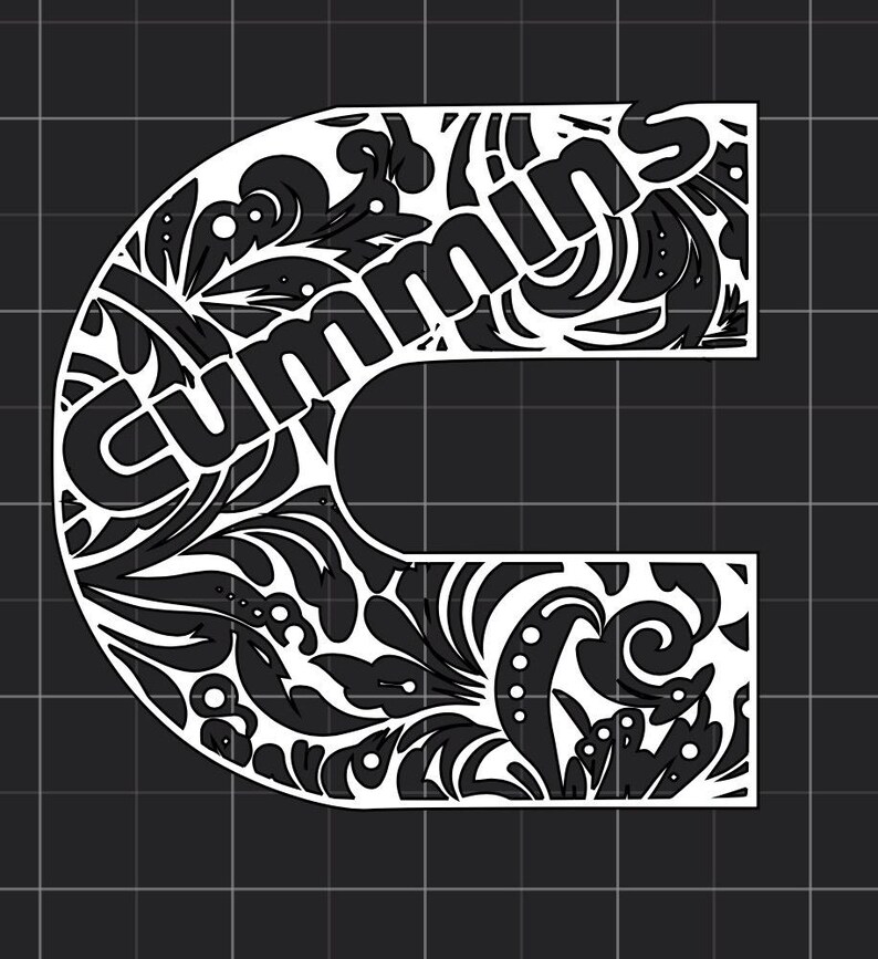 May include: A black and white graphic design of the letter "C" filled with floral patterns. The word "Cummins" is integrated into the design. The background is a dark gray grid.