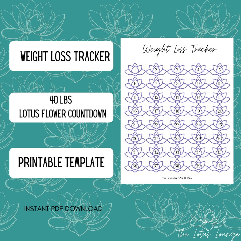 PRINTABLE Weight Loss Tracker 40LBS Lotus Flower countdown Etsy