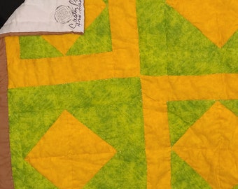 Hand-sewn Quilt-Cotton Quilt Wallhanger- Artistic Quilt- Green and Goldwith Brown Trim- Gee's Bend Quilted Wallhanger