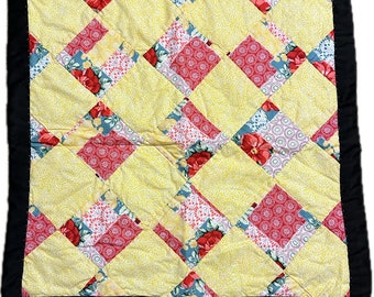 Artistic Gee's Bend Hand Sewn-Brightly Floral Print Multi-Colored-Quilted Wallhanger-Grandma's Dream