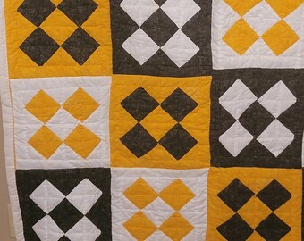 Quilted Sofa Throw-Artistic Quilt- Handsewn Quilt- Mommy & Me Collection-Gold-Gray-White- Square-Diamond Pattern-Gees Bend Quilter