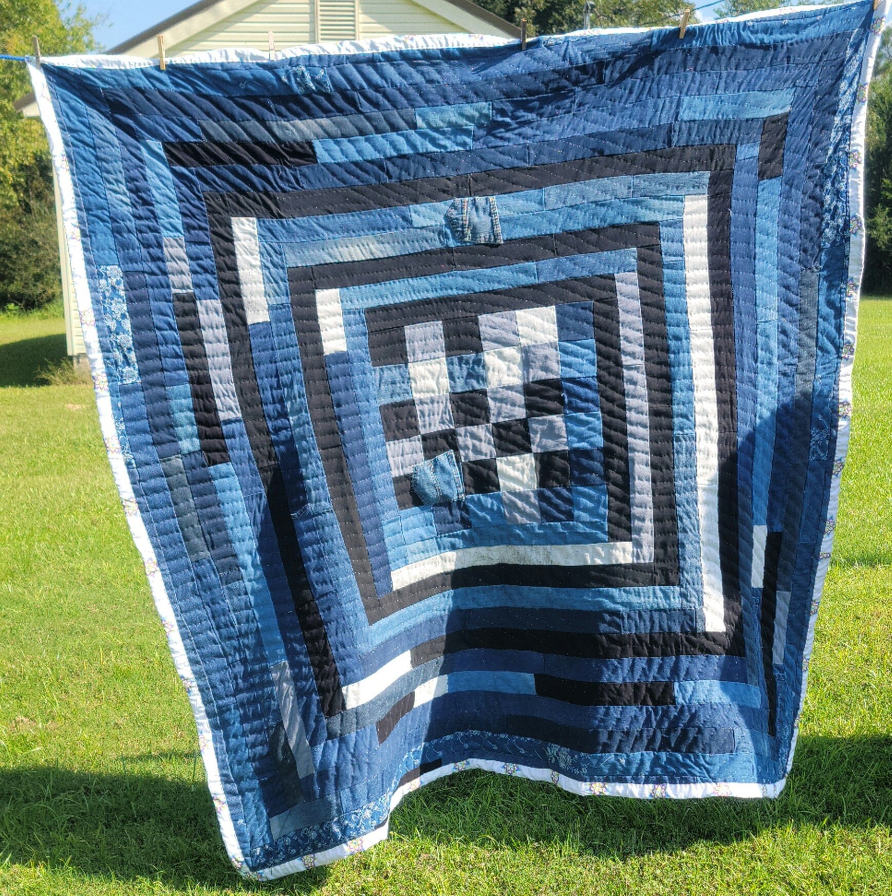 Courtepointe Cousue à La Main - Courtepointe en Denim - Poches - Coton - Artistique -Variation Supér