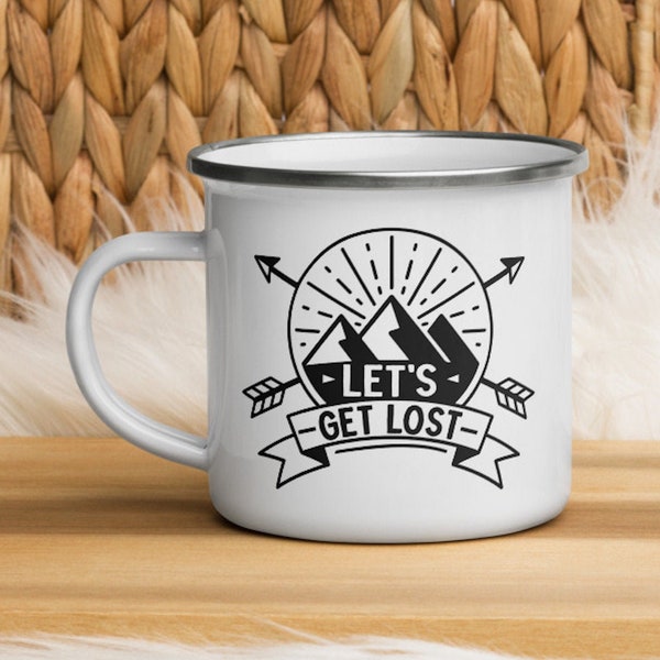 LET'S GET LOST Cute Funny Camping Mug • 12 oz ounces enamel mug, coffee tea cup, stylish hiking adventure gift, outdoorsy summer vacation