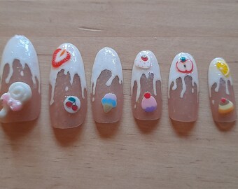 3D almond fake nails vanilla ice cream | almond nails | nail charms | hand painted | kawaii | long nails |