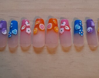 Ombre rainbow 3D false nails