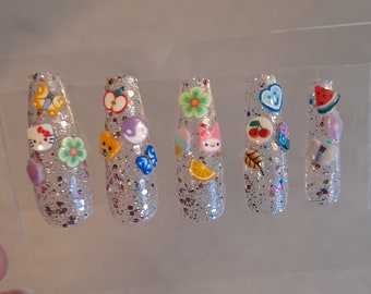 3D false nails - long clear glitter