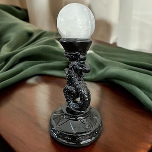 Selenite Sphere on Vintage Black Serpent Stand: Boho Witch Decor