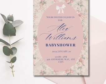 Puede incluir: Una invitación a un baby shower con un fondo floral y un óvalo rosa en el centro. El texto dice "You're invited to join us for Alex Williams Babyshower 2024 January 20". Se ve un sobre rosa.