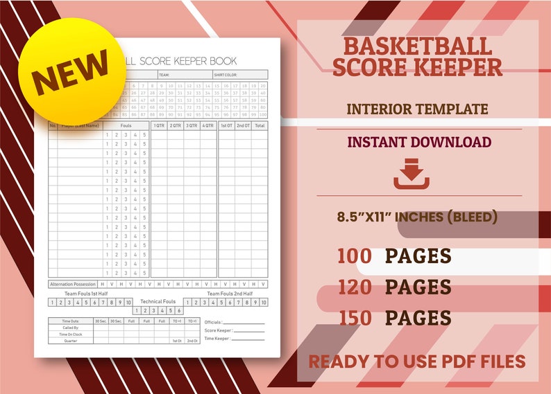 Printable Basketball Score Keeper 8.5x11 Sheets Digital Etsy