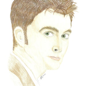 May include: A pencil drawing of a man with brown hair and green eyes. He is looking to the right of the image. The drawing is done in shades of brown, yellow, and green.