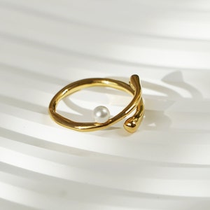 Dainty Pearl Open Ring, Gold Silver pearl ring, Minimalist gold ring, Stacking Ring,Elegant Gold Diamond Ring, Adjustable ring, Gift for her