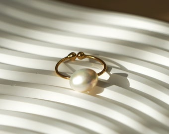 Romantischer Barockperlen-Goldring, verstellbarer offener Ring, Süßwasserperlenring, 18K Vergoldeter Ring, zierlicher Statementring, Geschenk für sie