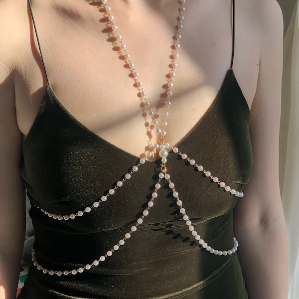 Elegant Pearl Body Chain Chest, Bridal Body Jewelry, Pearl Body Chain Bra, Chain Body Jewelry Back, Mermaid Costume