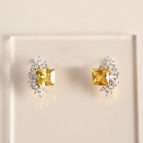 Canary Yellow Halo Flower Stud Earrings, Wedding Jewelry, Diamond Earrings, Anniversary Wedding Gift, Gift for Her