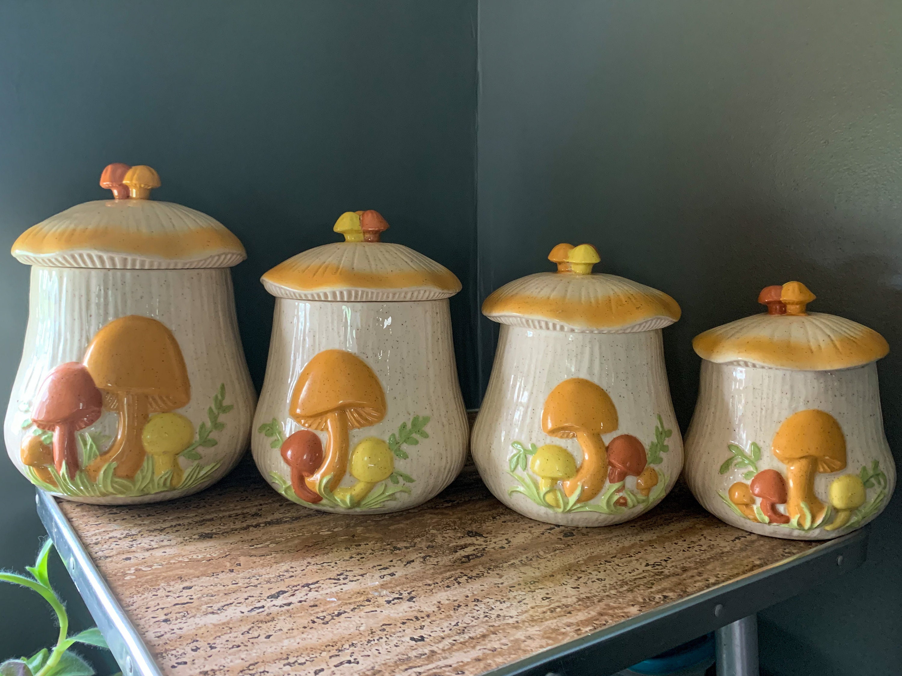 Set of 4 Arnels Ceramic Mushroom Canisters Etsy
