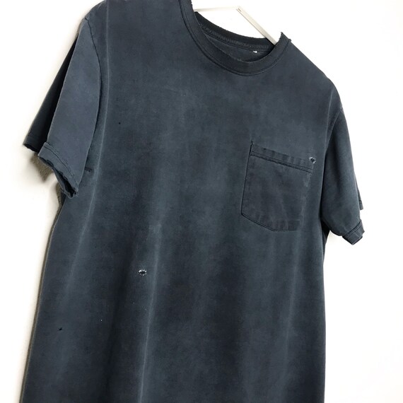 Late 1990s Faded Repaired Black Blank Pocket Tee S