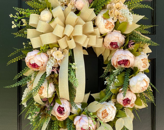 Spring and Summer Peony Wreath, Front Door Decor | Pink Peony and Lambs Ear Easter Door Hanger,Mother's Day Gift
