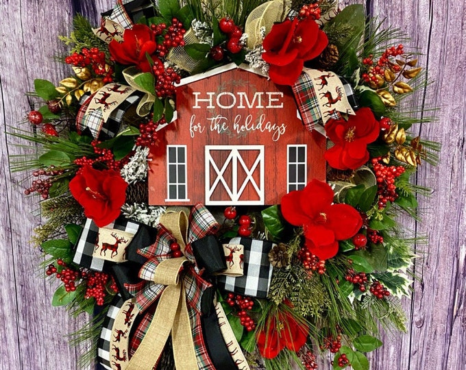 Christmas wreath, buffalo check, farmhouse wreath, floral wreath, x mas wreath, front door wreath, Christmas decorations