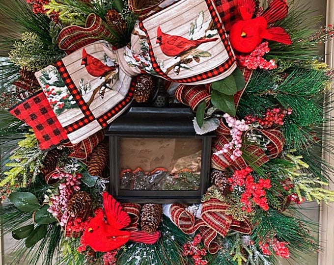 Cardinal wreath, Christmas wreath, Christmas decorations, front door wreath, lantern wreath, fireplace wreath, buffalo plaid, big bow wreath